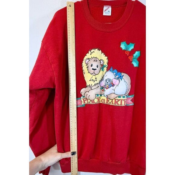 Vintage 90's JERZEES Lion Peace On Earth Christmas Sweatshirt Made in USA XL - Picture 6 of 9